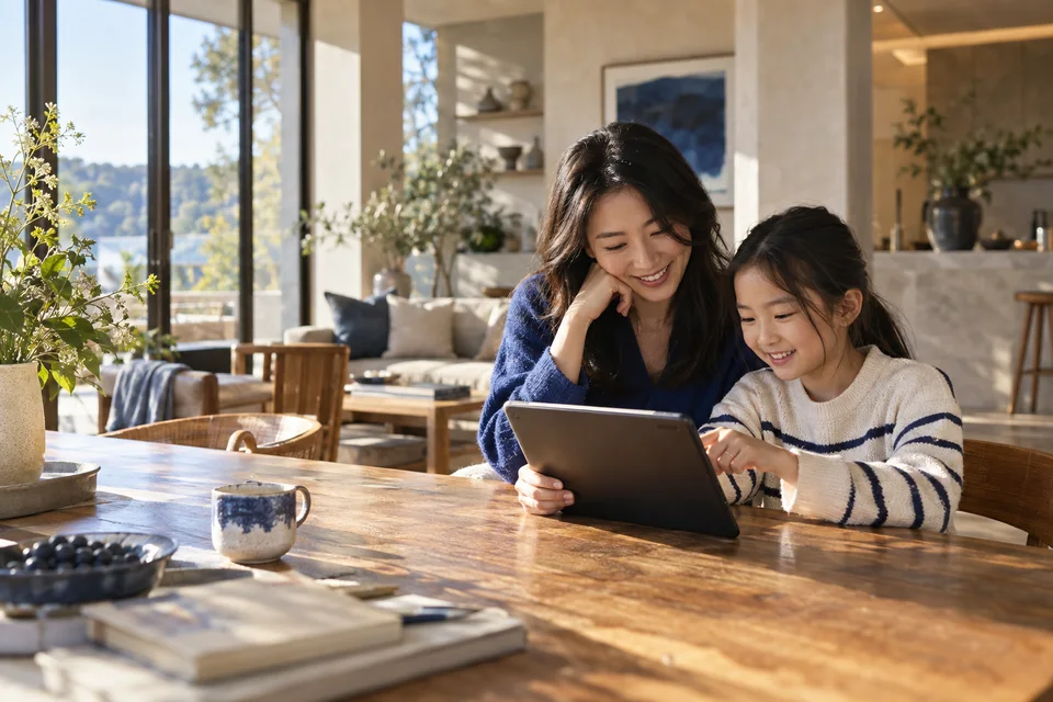 A parent and child sharing a learning activity at home. AI-generated illustration.